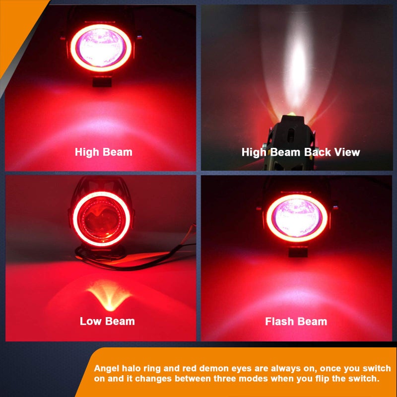 Mosleyz Motorcycle LED Fog Lights U7 Spotlight Daytime Running Lights with Red Angel Eyes Halo Ring and ON/Off Toggle Switch 2-Sets - Image 3